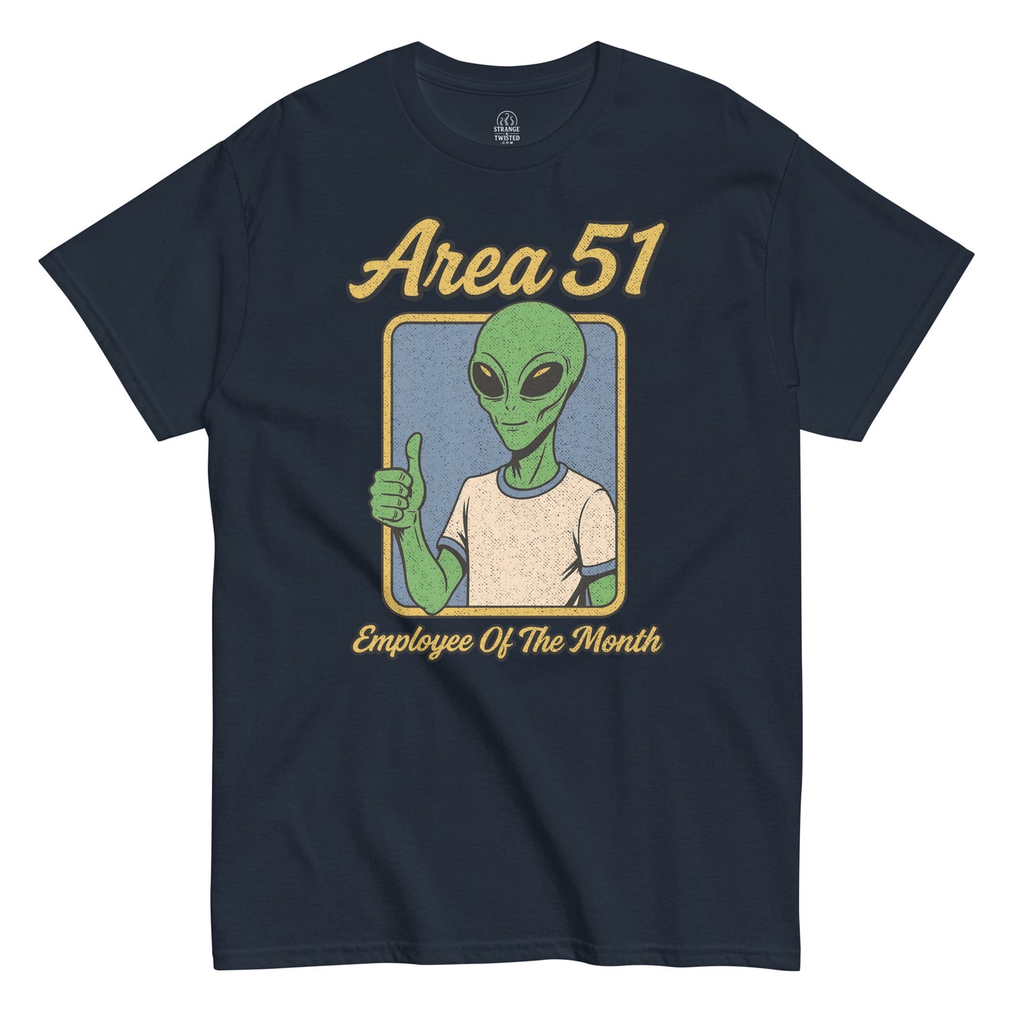 Area 51 Employee of the Month T-shirt, alien thumbs-up retro design, distressed texture on navy blue tee