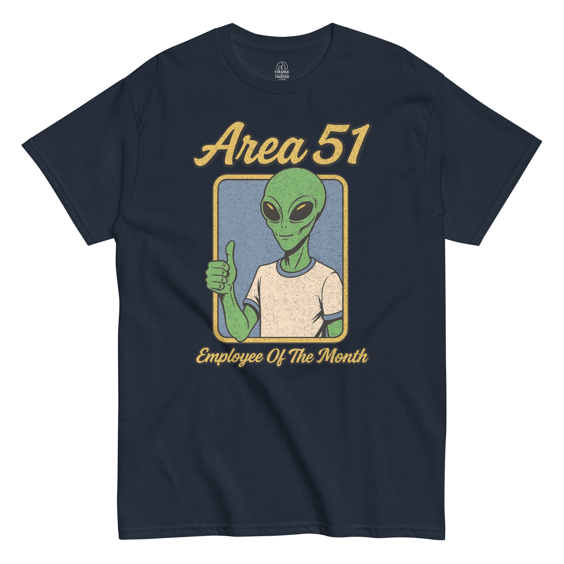 Area 51 Employee of the Month T-shirt, alien thumbs-up retro design, distressed texture on navy blue tee