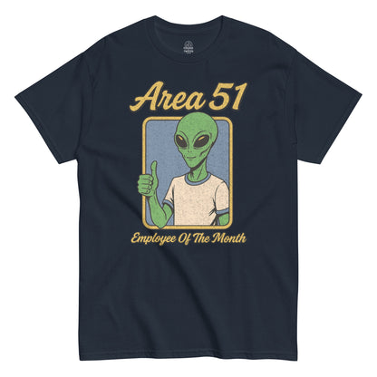 Area 51 Employee of the Month T-shirt, alien thumbs-up retro design, distressed texture on navy blue tee