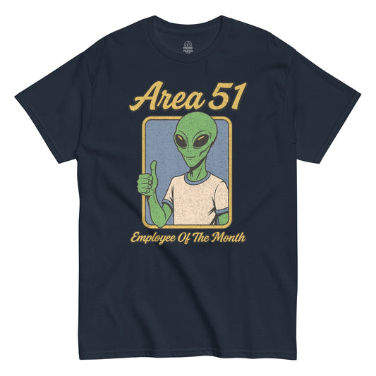Area 51 Employee of the Month T-shirt, alien thumbs-up retro design, distressed texture on navy blue tee