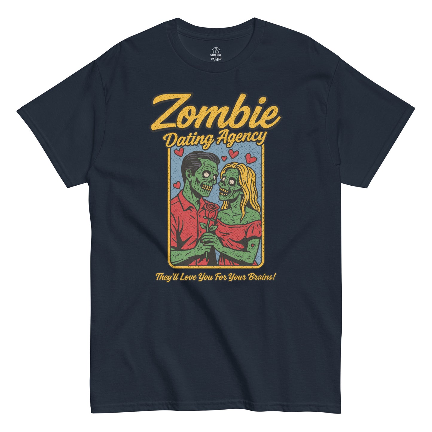 Zombie Dating Agency T-shirt, funny horror couple with rose, distressed vintage print on navy blue tee