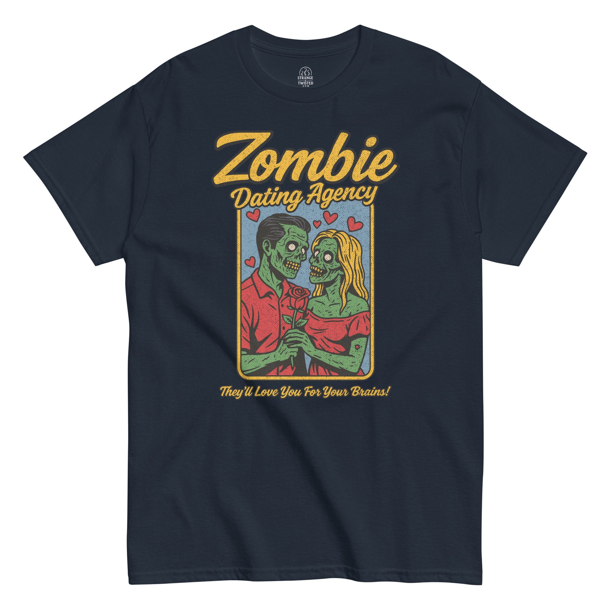 Zombie Dating Agency T-shirt, funny horror couple with rose, distressed vintage print on navy blue tee