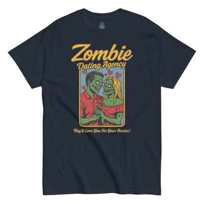 Zombie Dating Agency T-shirt, funny horror couple with rose, distressed vintage print on navy blue tee