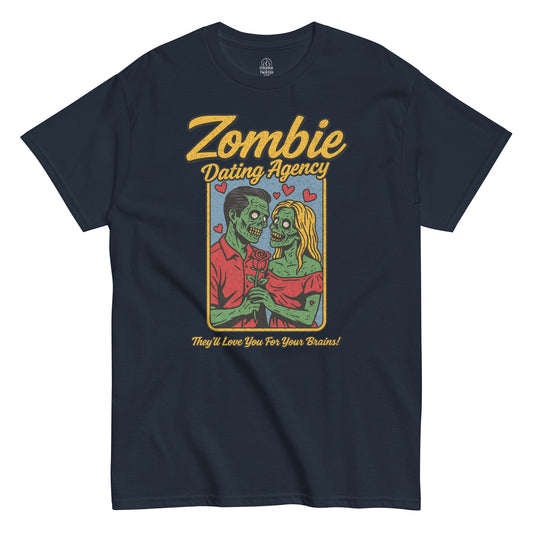 Zombie Dating Agency T-shirt, funny horror couple with rose, distressed vintage print on navy blue tee