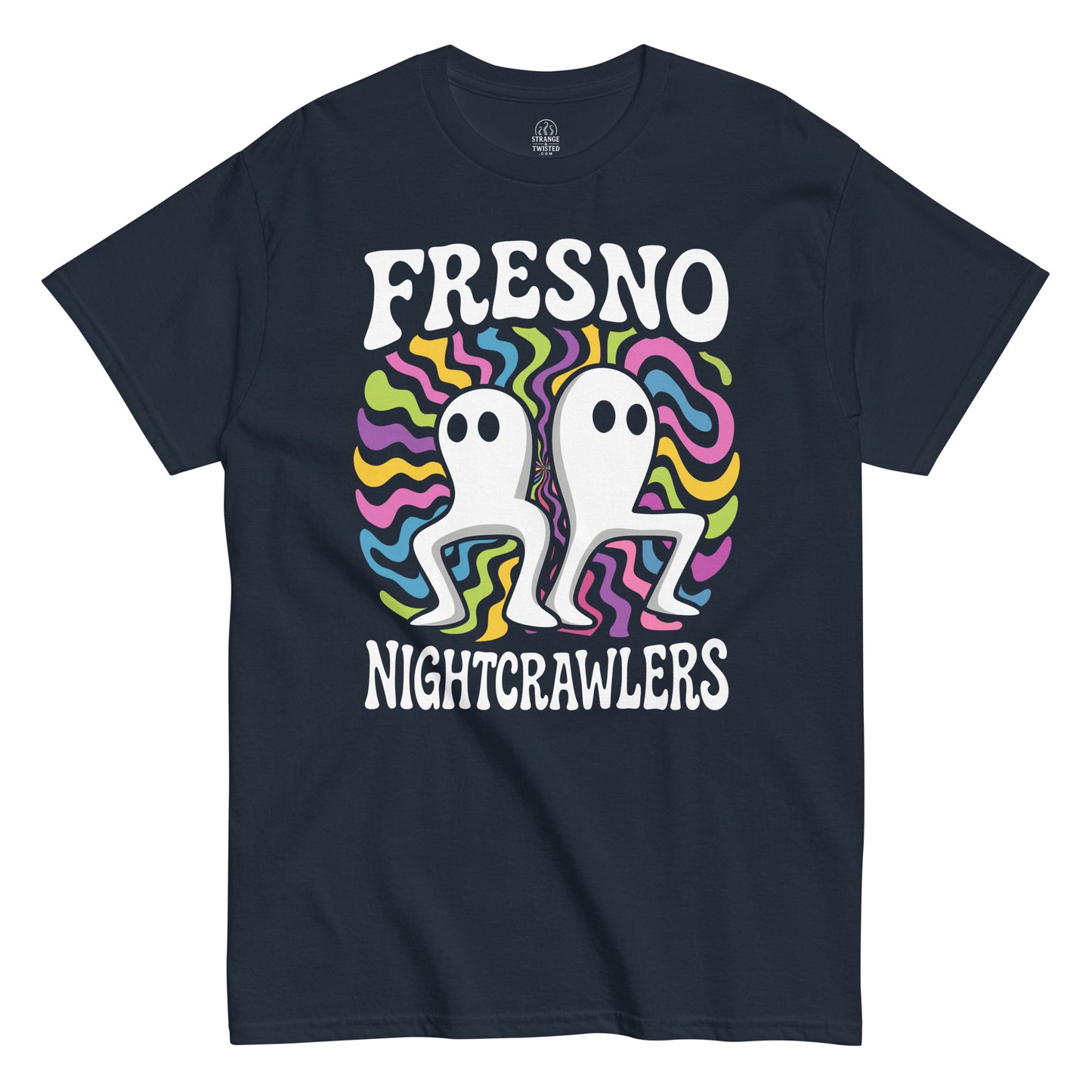 Fresno Nightcrawlers T-shirt featuring colorful wavy background and white cryptids on navy fabric.