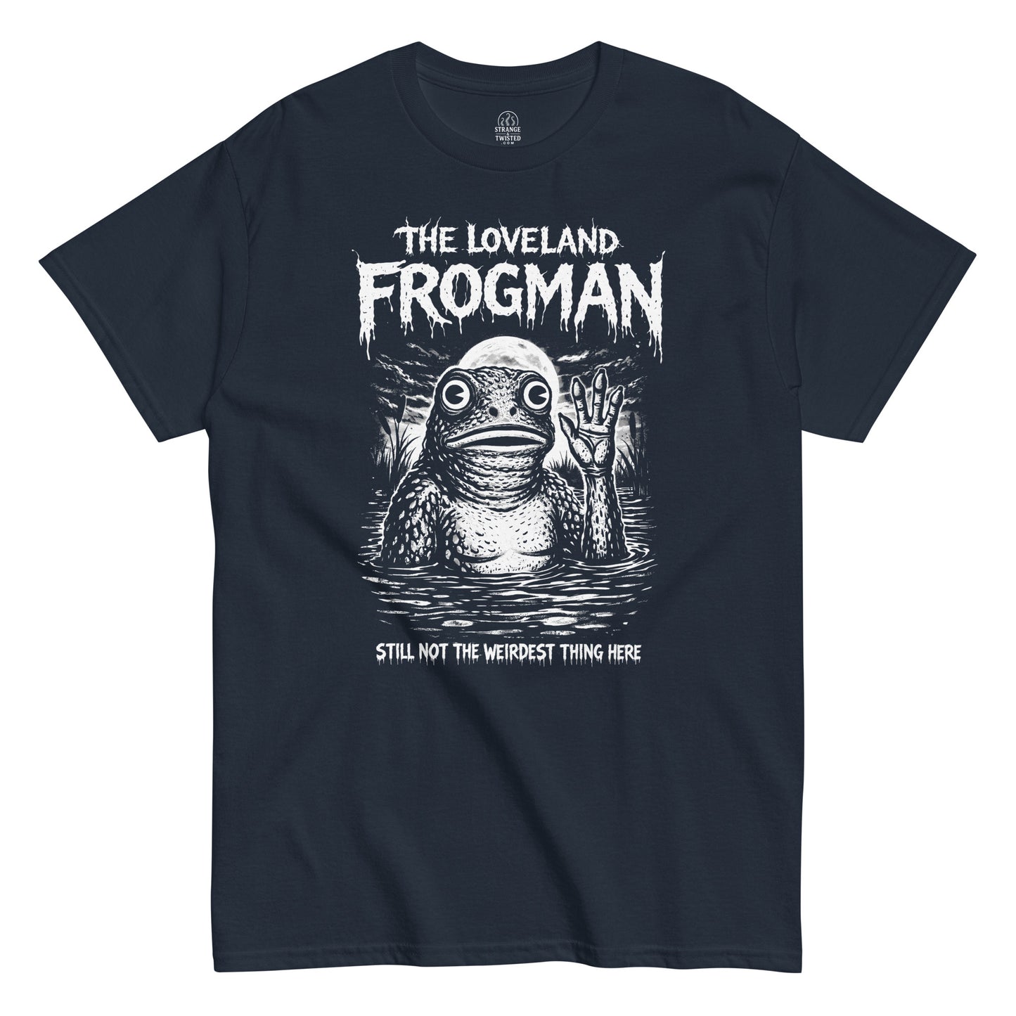 Loveland Frogman cryptid horror illustration on navy t shirt