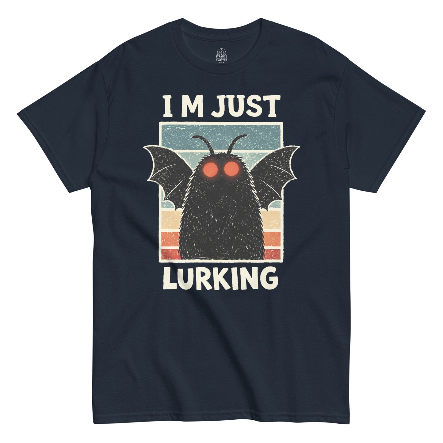 Retro Mothman silhouette with bright red eyes against a striped background, Im Just Lurking text printed on a navy t shirt
