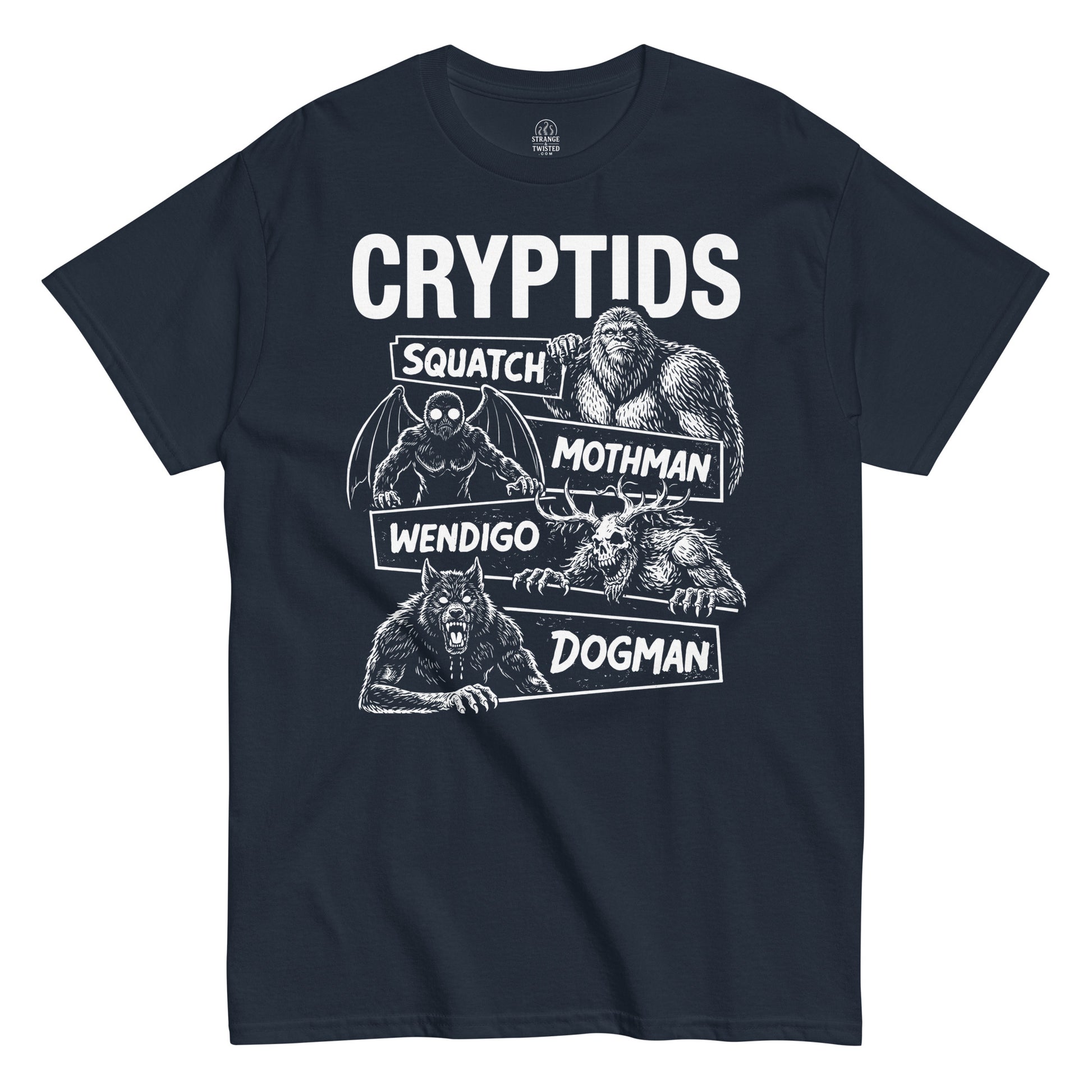 Cryptids t-shirt on navy showing Sasquatch Mothman Wendigo and Dogman artwork