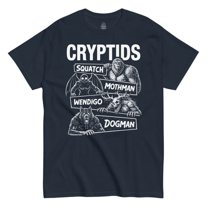 Cryptids t-shirt on navy showing Sasquatch Mothman Wendigo and Dogman artwork