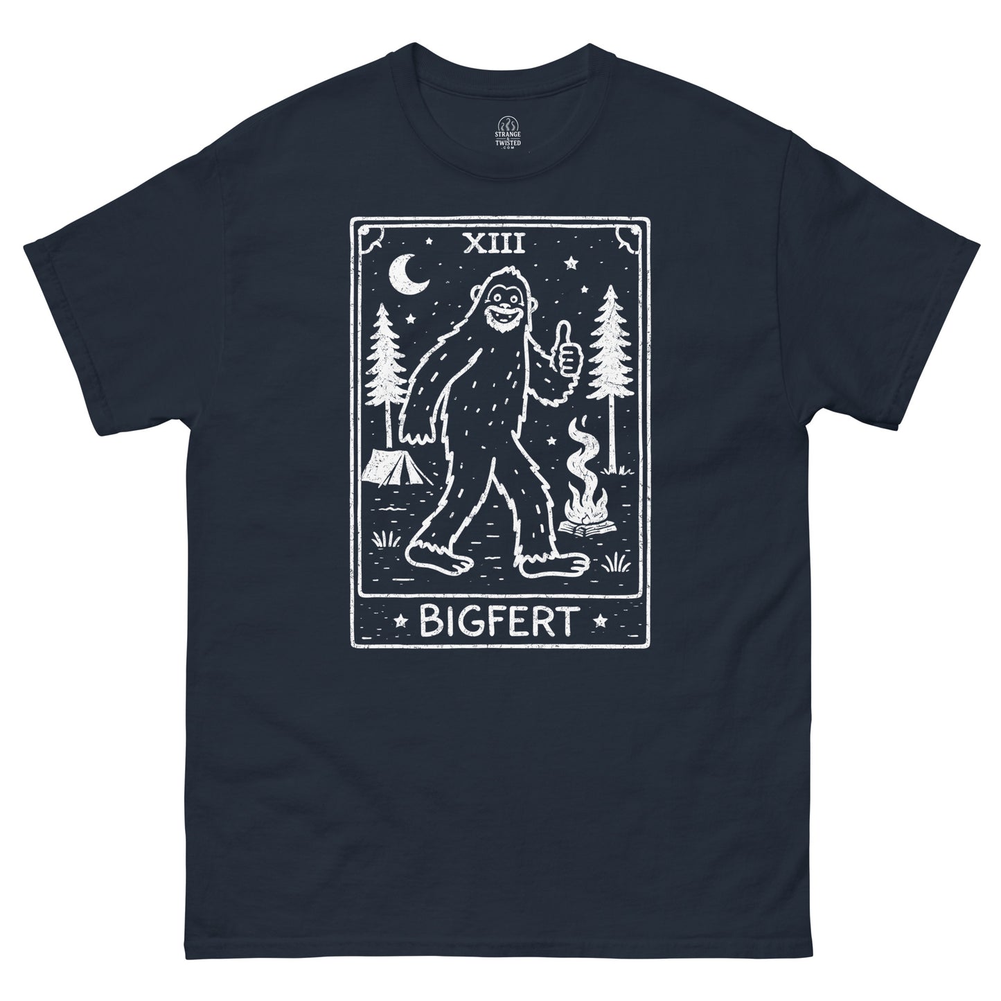 Navy blue t-shirt with a white graphic of a Sasquatch and 'BIGFERT' text on a white background