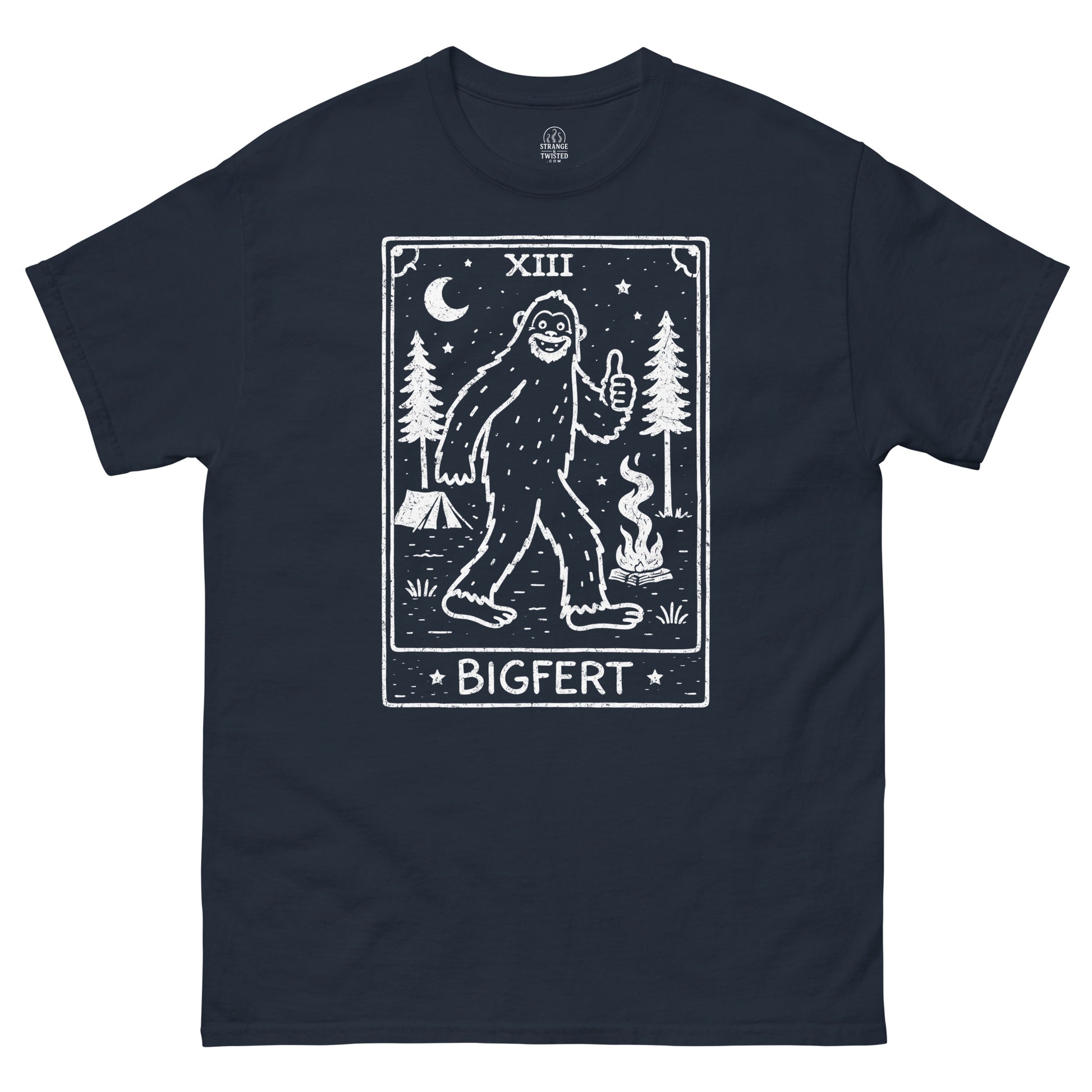 Navy blue t-shirt with a white graphic of a Sasquatch and 'BIGFERT' text on a white background
