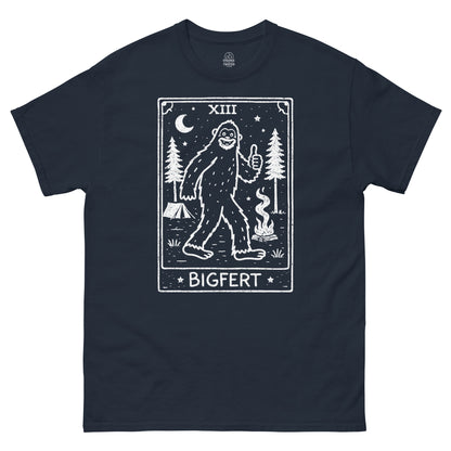 Navy blue t-shirt with a white graphic of a Sasquatch and 'BIGFERT' text on a white background