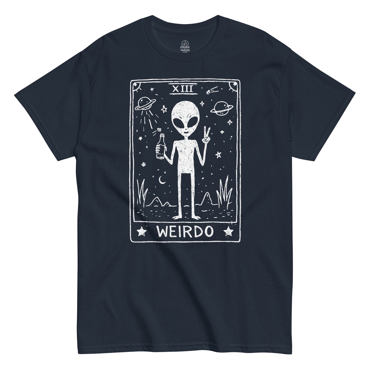 Navy blue t-shirt with funny alien graphic and 'Weirdo' text on a white background