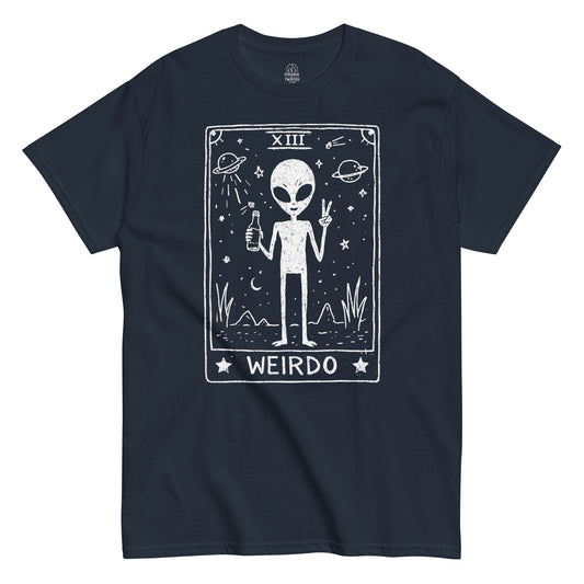 Navy blue t-shirt with funny alien graphic and 'Weirdo' text on a white background