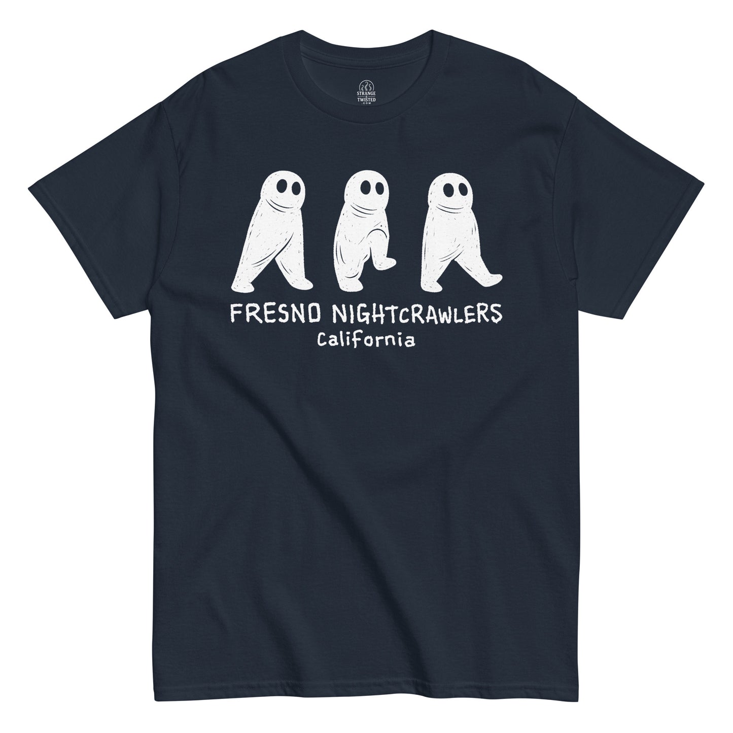 Front navy blue T-shirt featuring Fresno Nightcrawler cryptid artwork