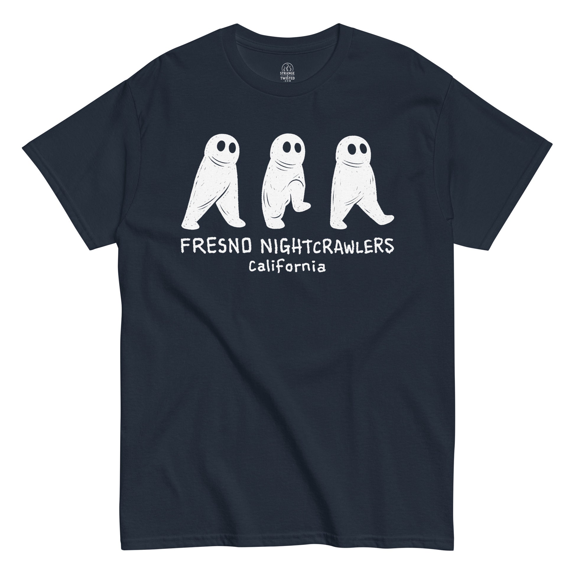 Front navy blue T-shirt featuring Fresno Nightcrawler cryptid artwork