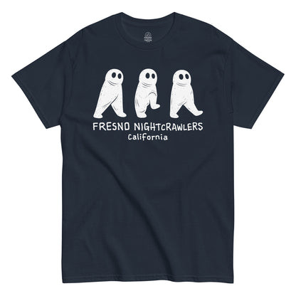 Front navy blue T-shirt featuring Fresno Nightcrawler cryptid artwork