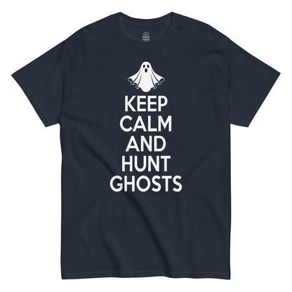 Keep Calm And Hunt Ghosts ghost hunter T shirt on navy blue with white lettering and ghost symbol