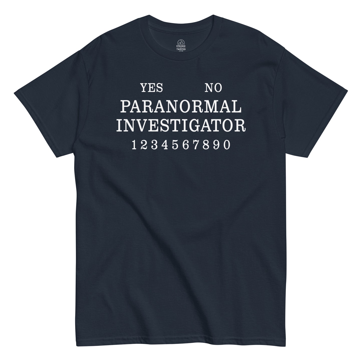Paranormal Investigator ghost hunting T shirt on navy blue with classic ouija board layout