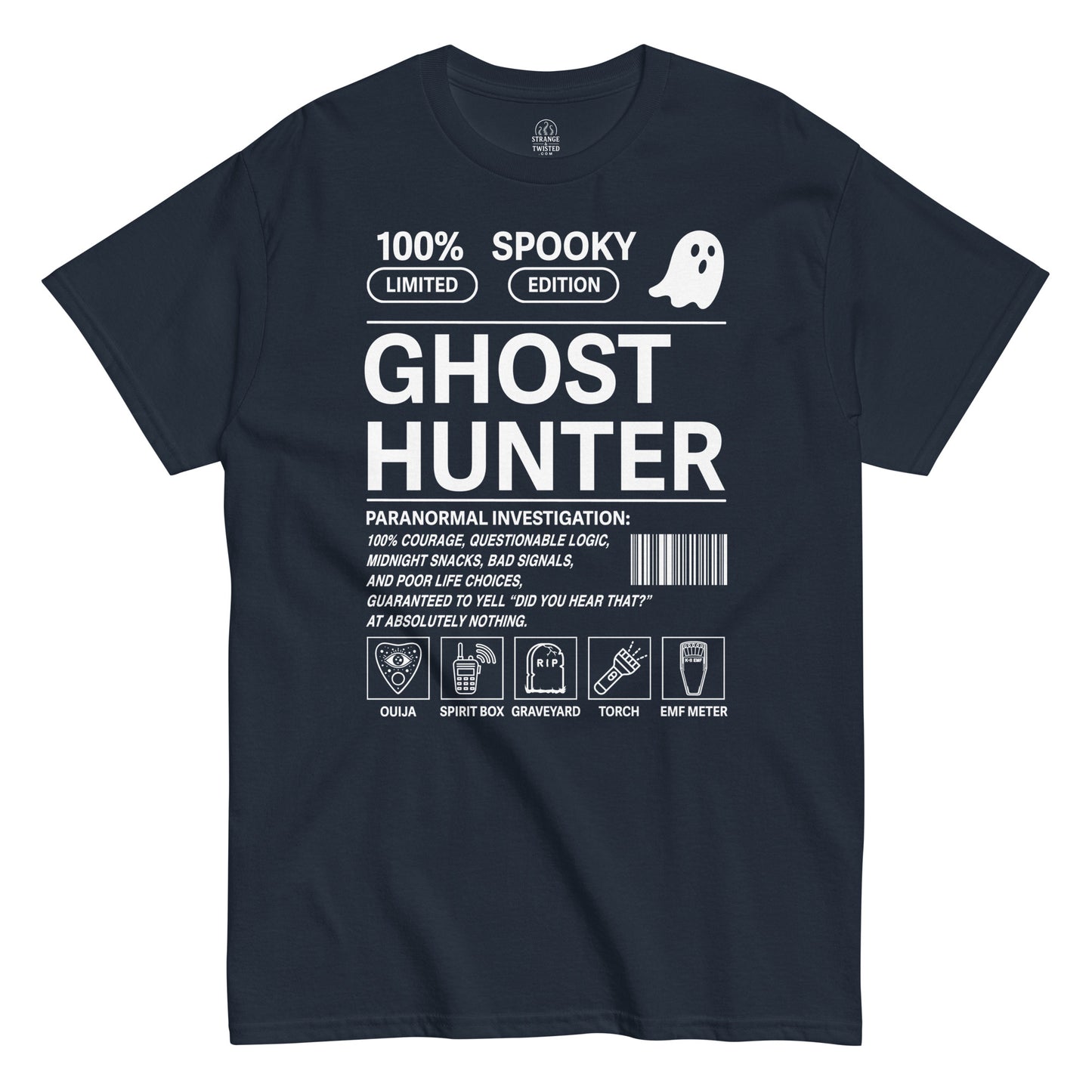 Ghost hunter paranormal investigator T shirt on navy blue with spooky investigation themed design
