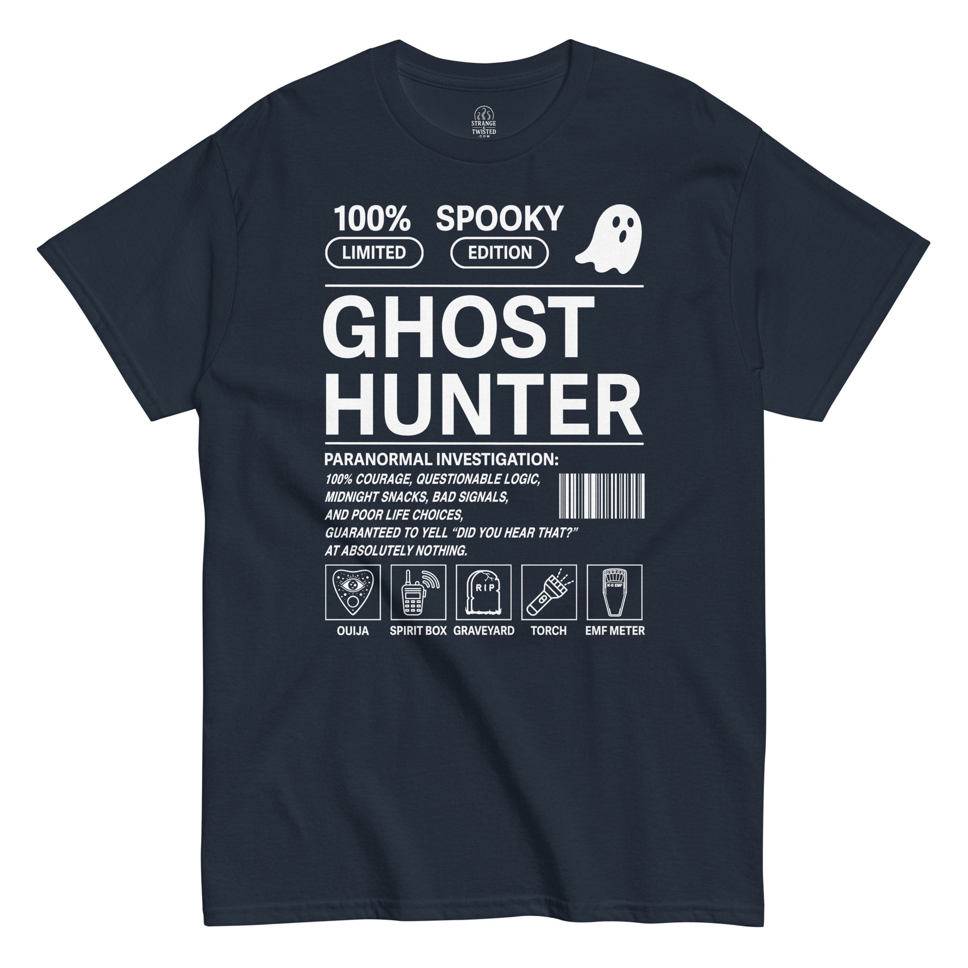Ghost hunter paranormal investigator T shirt on navy blue with spooky investigation themed design