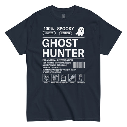 Ghost hunter paranormal investigator T shirt on navy blue with spooky investigation themed design