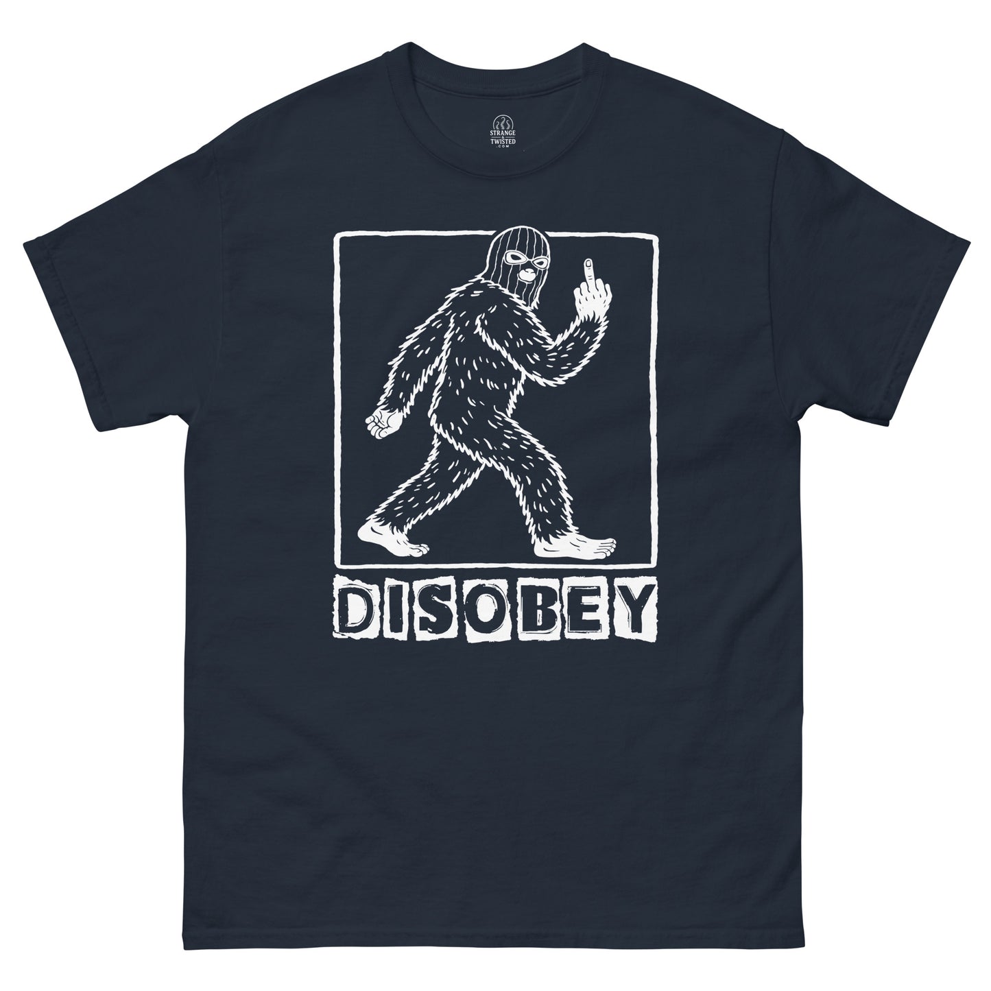 Disobey Sasquatch cryptozoology T shirt on navy blue featuring walking Bigfoot silhouette with rebellious pose