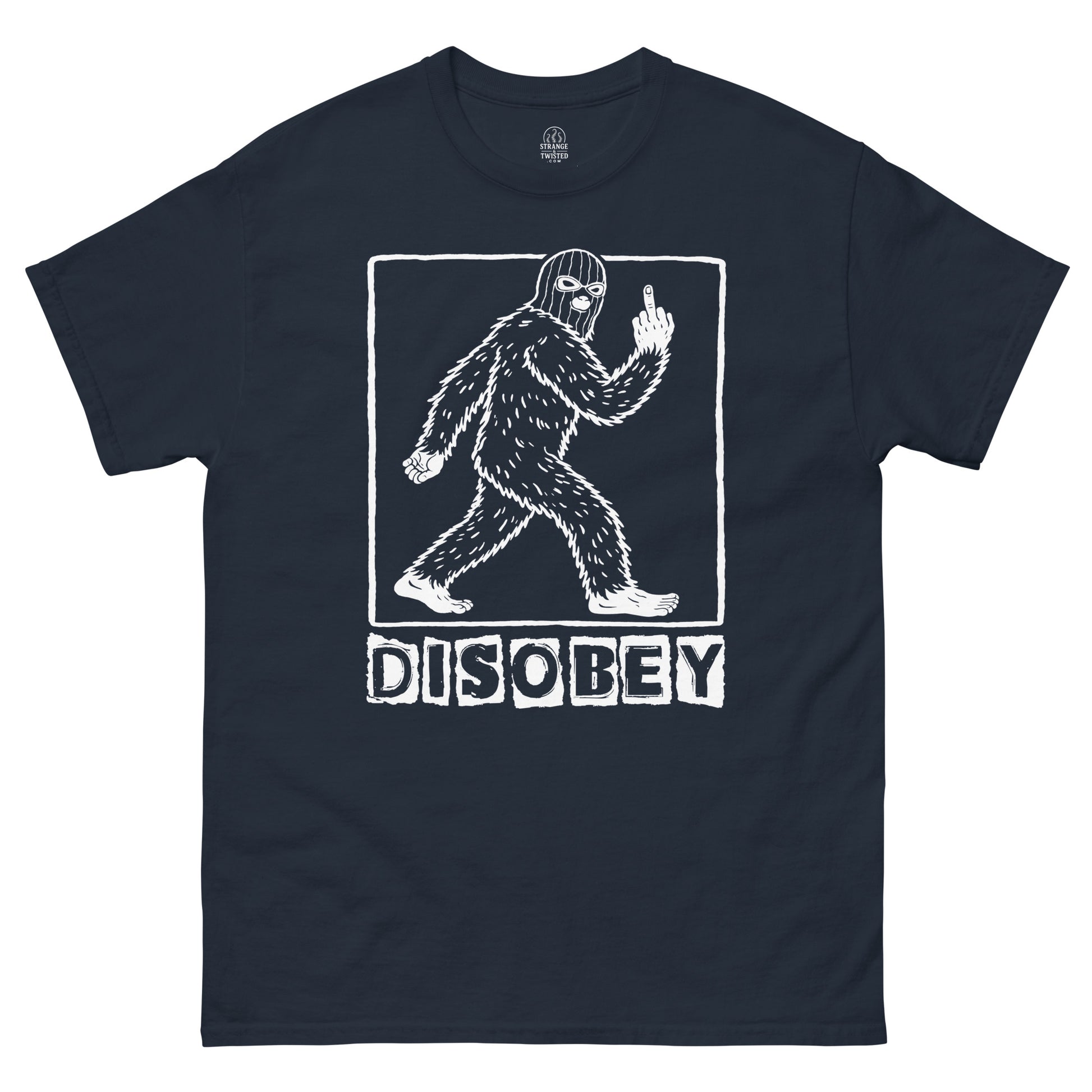 Disobey Sasquatch cryptozoology T shirt on navy blue featuring walking Bigfoot silhouette with rebellious pose