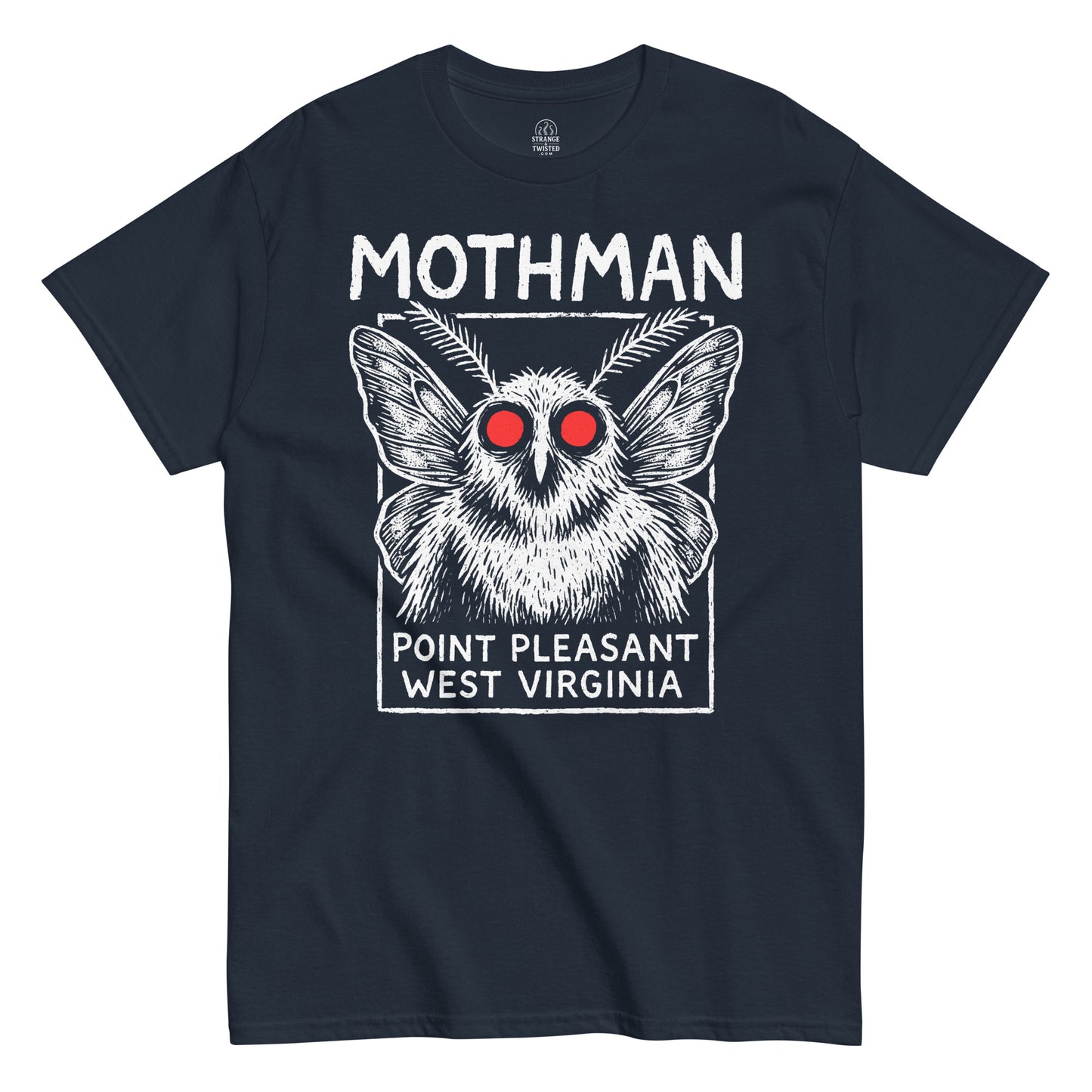 Front view of Navy Mothman T Shirt, Point Pleasant design, Unisex