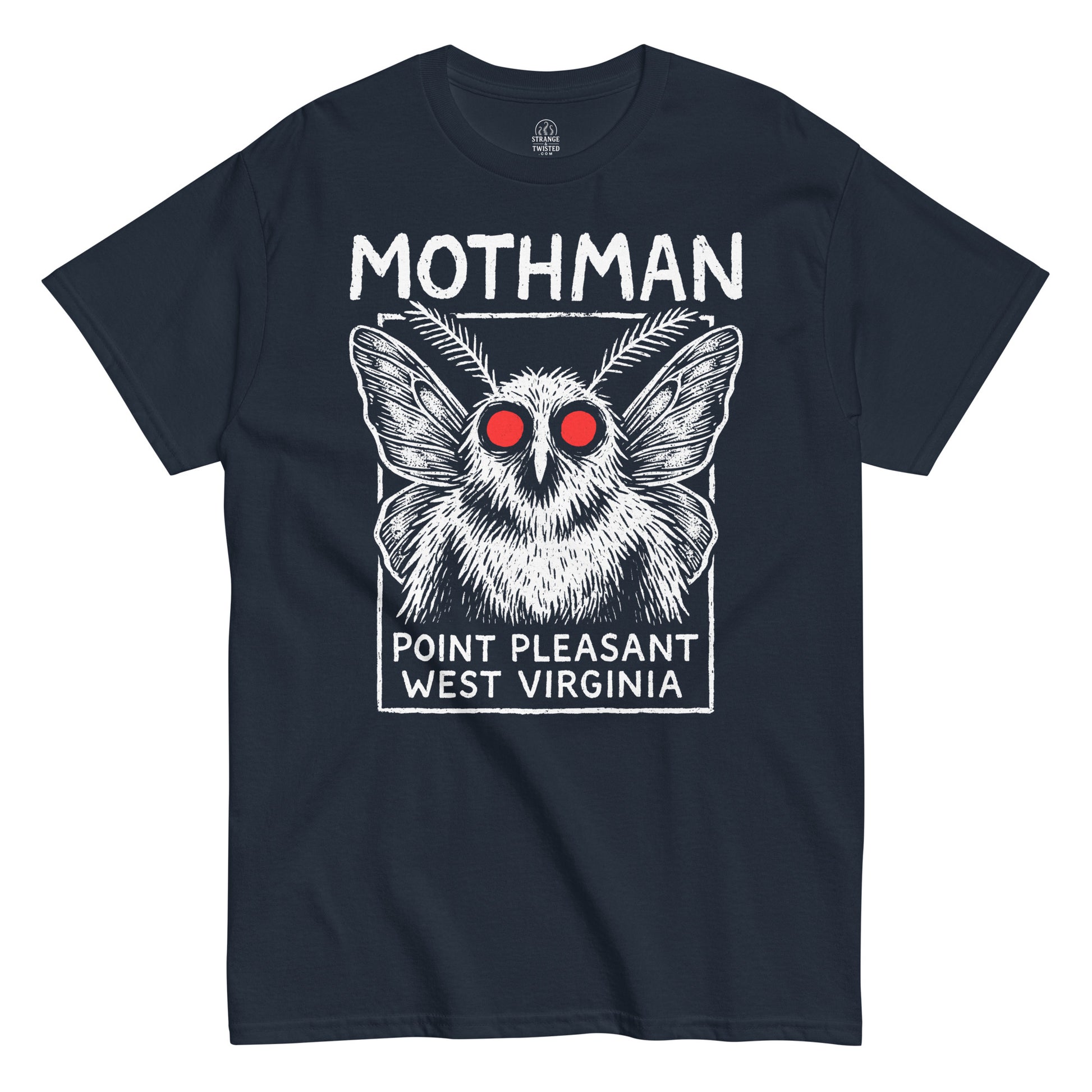 Front view of Navy Mothman T Shirt, Point Pleasant design, Unisex