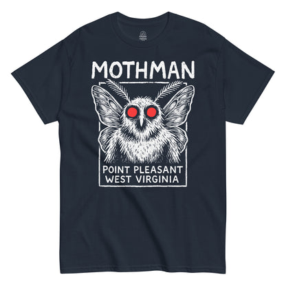 Front view of Navy Mothman T Shirt, Point Pleasant design, Unisex