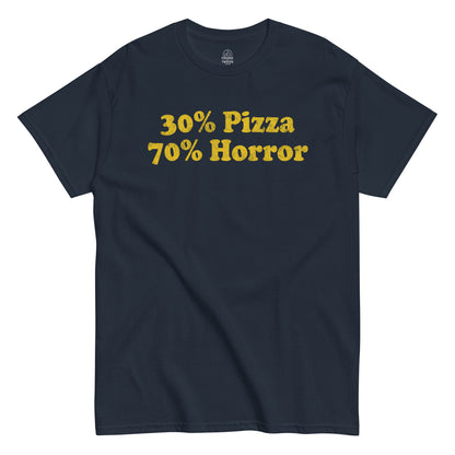 30 percent pizza 70 percent horror t-shirt front view, bold yellow text design on navy background, Unisex