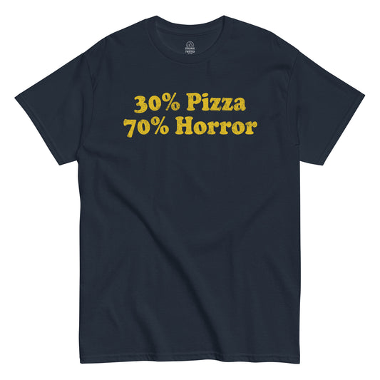 30 percent pizza 70 percent horror t-shirt front view, bold yellow text design on navy background, Unisex