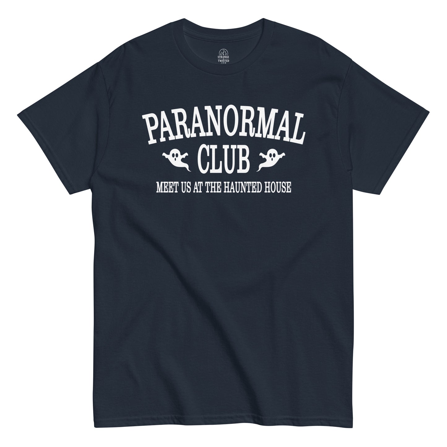 Paranormal Club Ghost Hunter T-shirt front view with ghost graphics and haunted house slogan on navy blue fabric