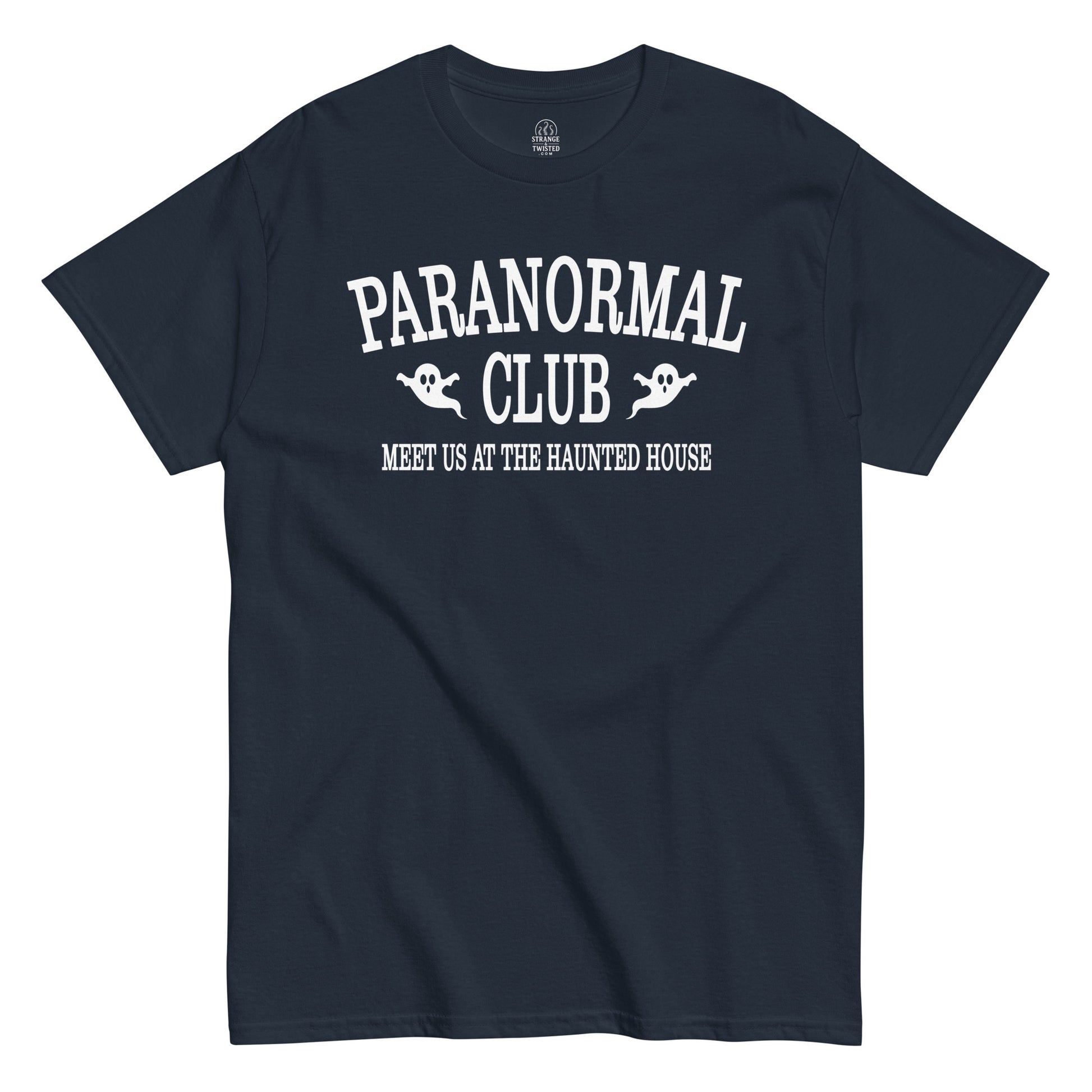 Paranormal Club Ghost Hunter T-shirt front view with ghost graphics and haunted house slogan on navy blue fabric