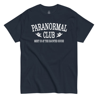 Paranormal Club Ghost Hunter T-shirt front view with ghost graphics and haunted house slogan on navy blue fabric