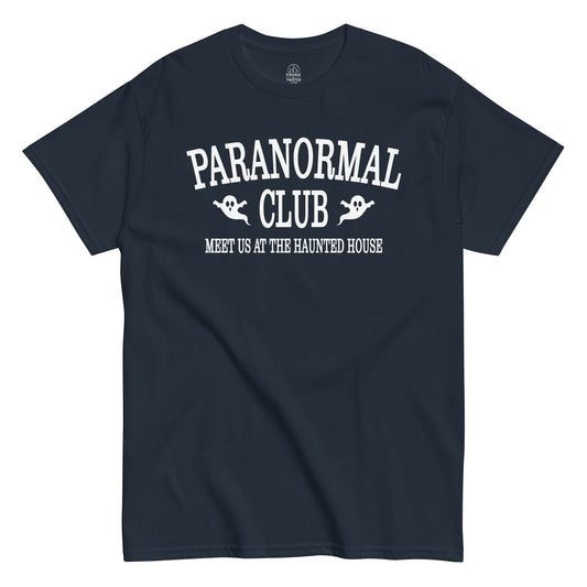 Paranormal Club Ghost Hunter T-shirt front view with ghost graphics and haunted house slogan on navy blue fabric