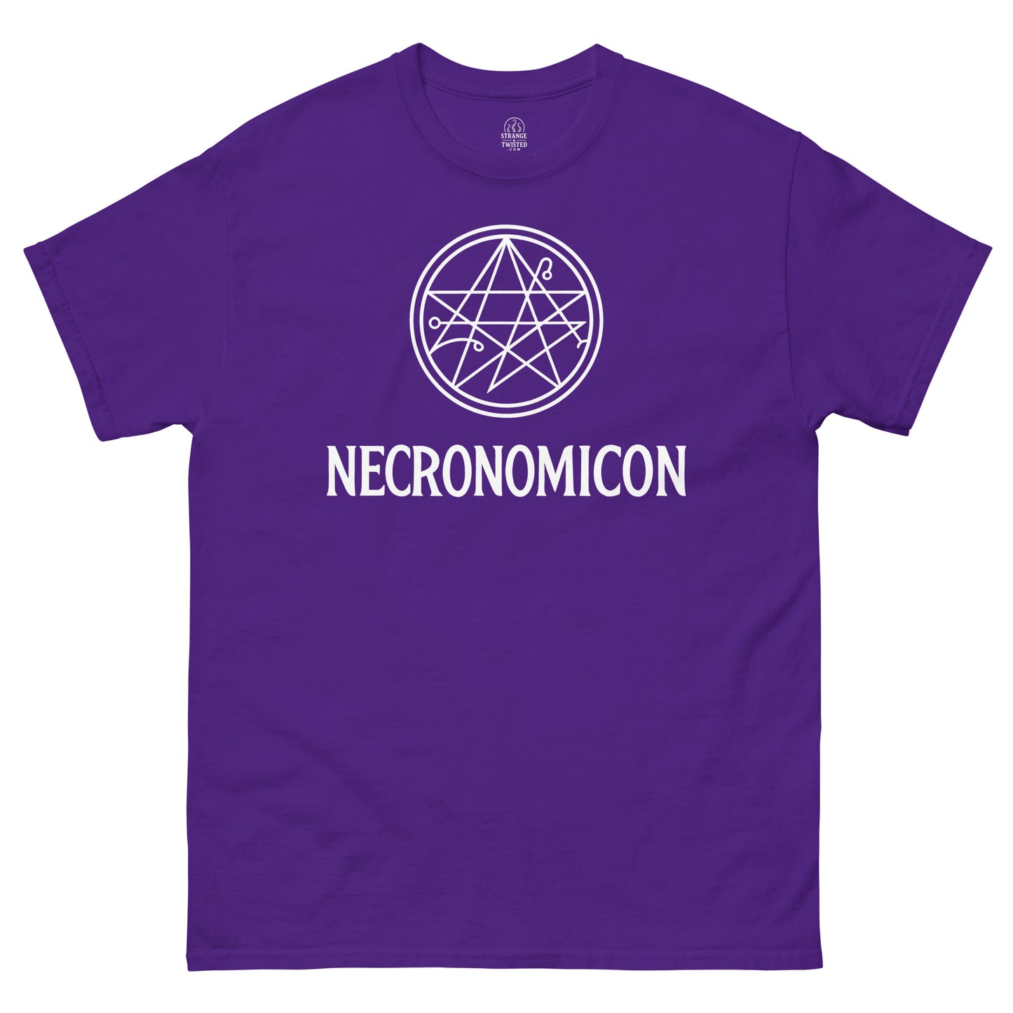Purple Cthulhu Necronomicon T-shirt with gothic occult pentagram design