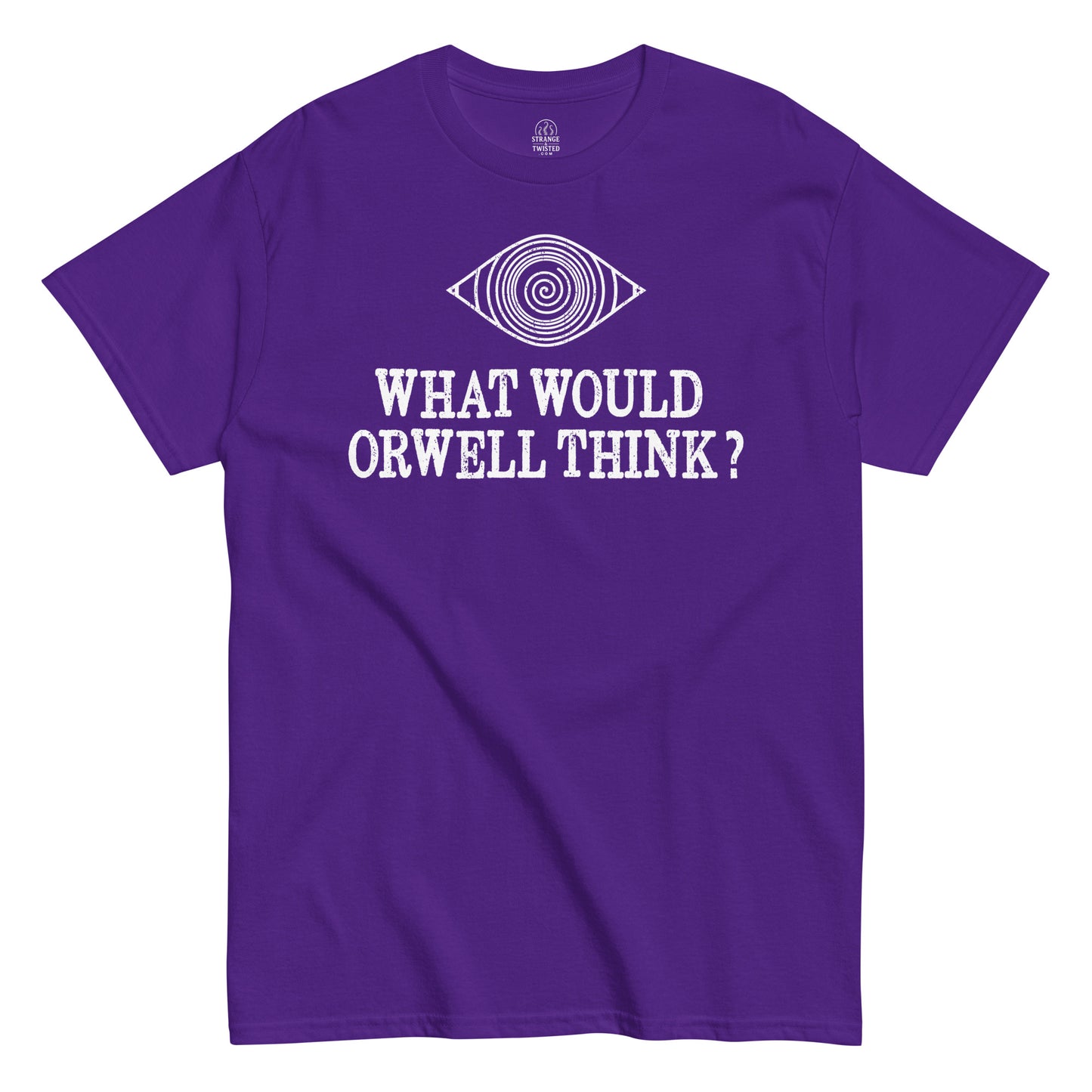 Front view purple Orwell T-shirt featuring “What Would Orwell Think” dystopian design