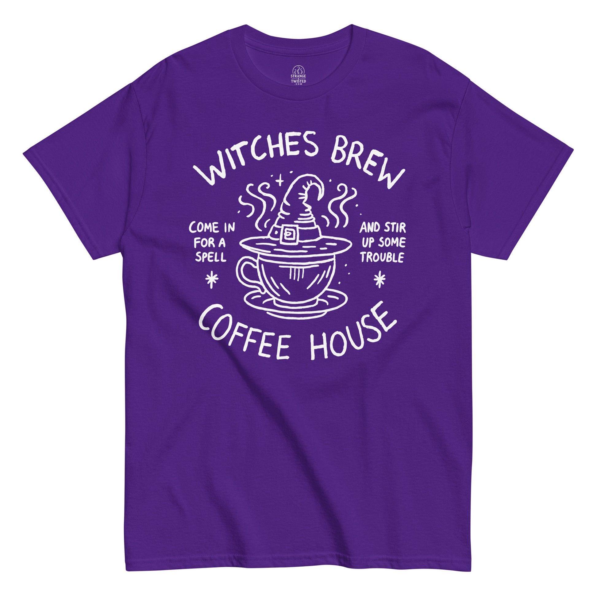 Witches Brew Coffee House T-shirt featuring white witch hat and coffee cup artwork on purple fabric.