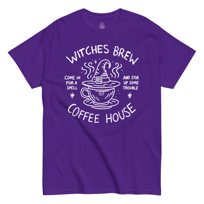 Witches Brew Coffee House T-shirt featuring white witch hat and coffee cup artwork on purple fabric.