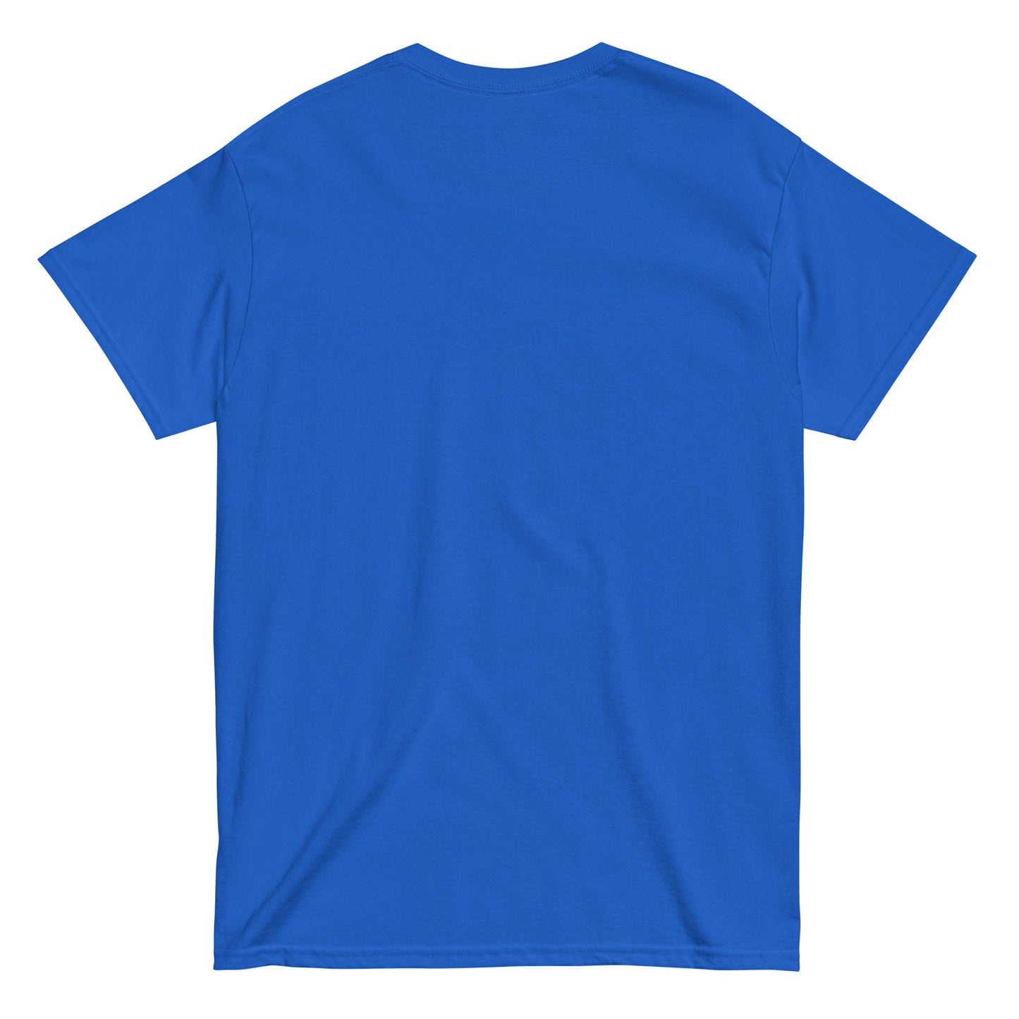 Plain royal blue T-shirt back view – novelty horror parody shirt