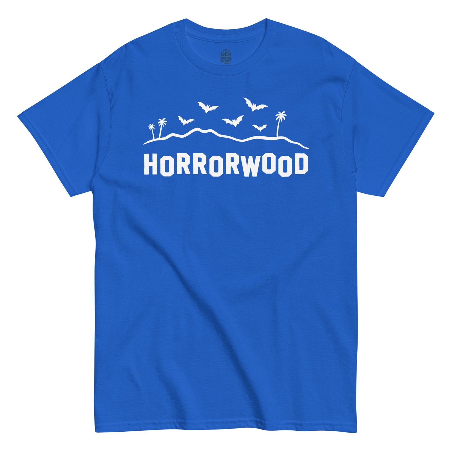 Horrorwood parody T-shirt on royal blue – gothic Horrorwood lettering with bats and palm trees