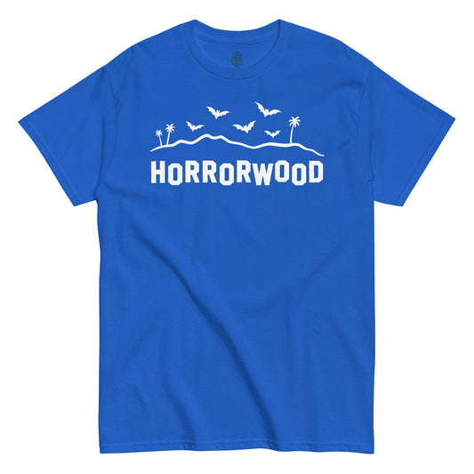 Horrorwood parody T-shirt on royal blue – gothic Horrorwood lettering with bats and palm trees