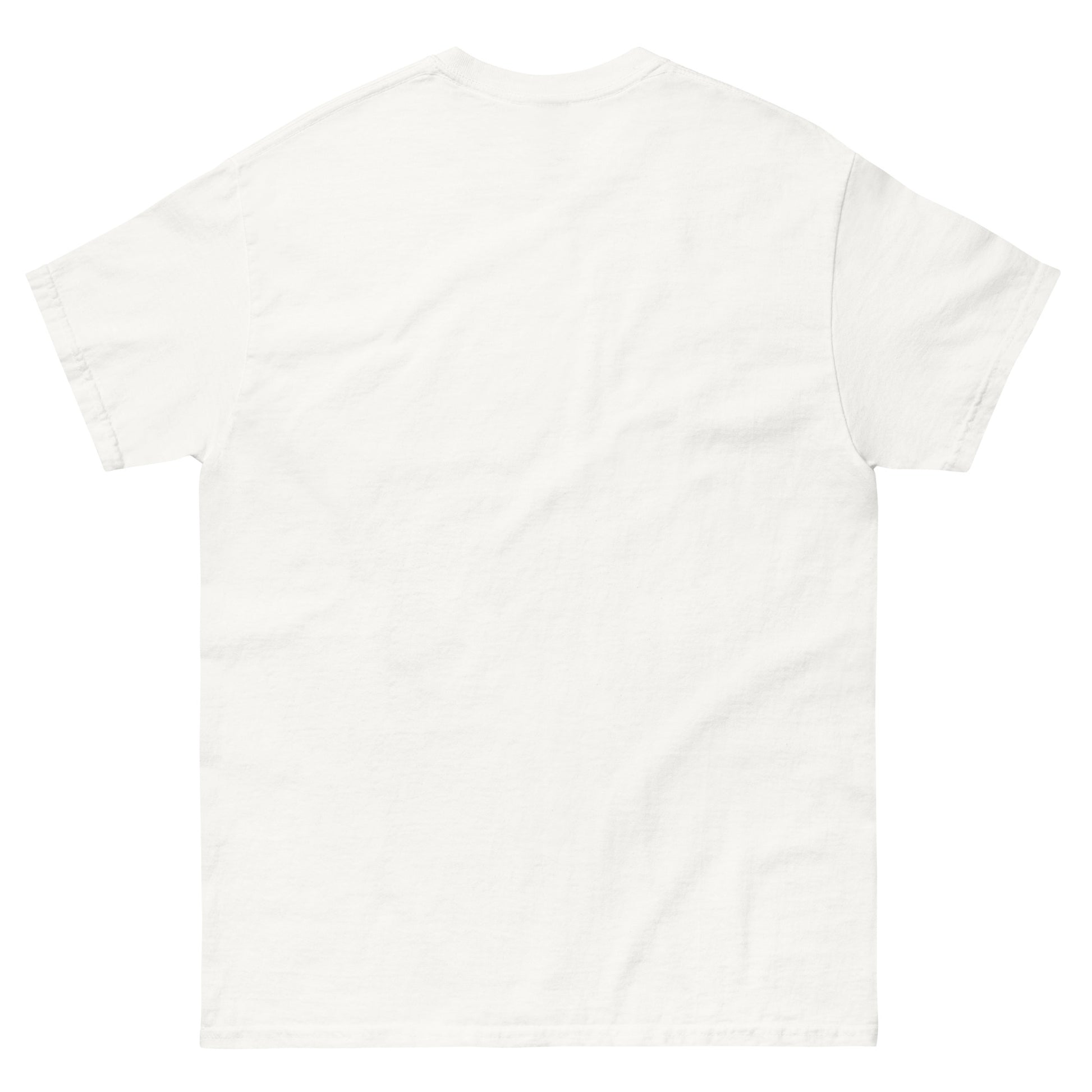 Back view of white unisex retro occult parody T-shirt Let’s Contact The Dead design by Strange and Twisted Apparel