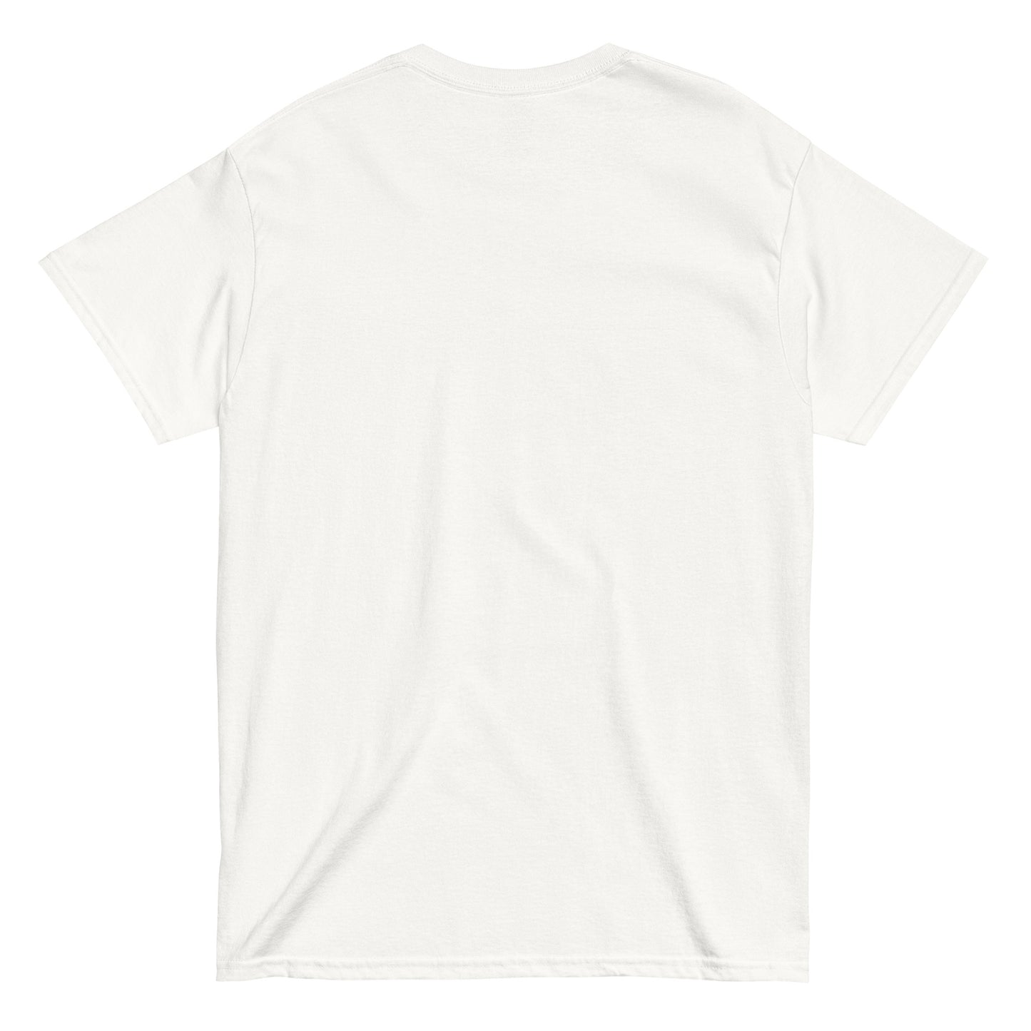Plain white back of the unisex Lucifurr gothic cat cotton t shirt