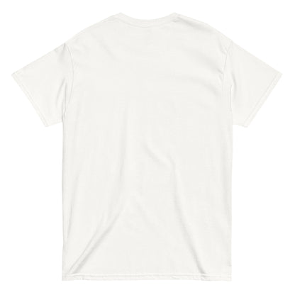 Plain white back of the unisex Lucifurr gothic cat cotton t shirt