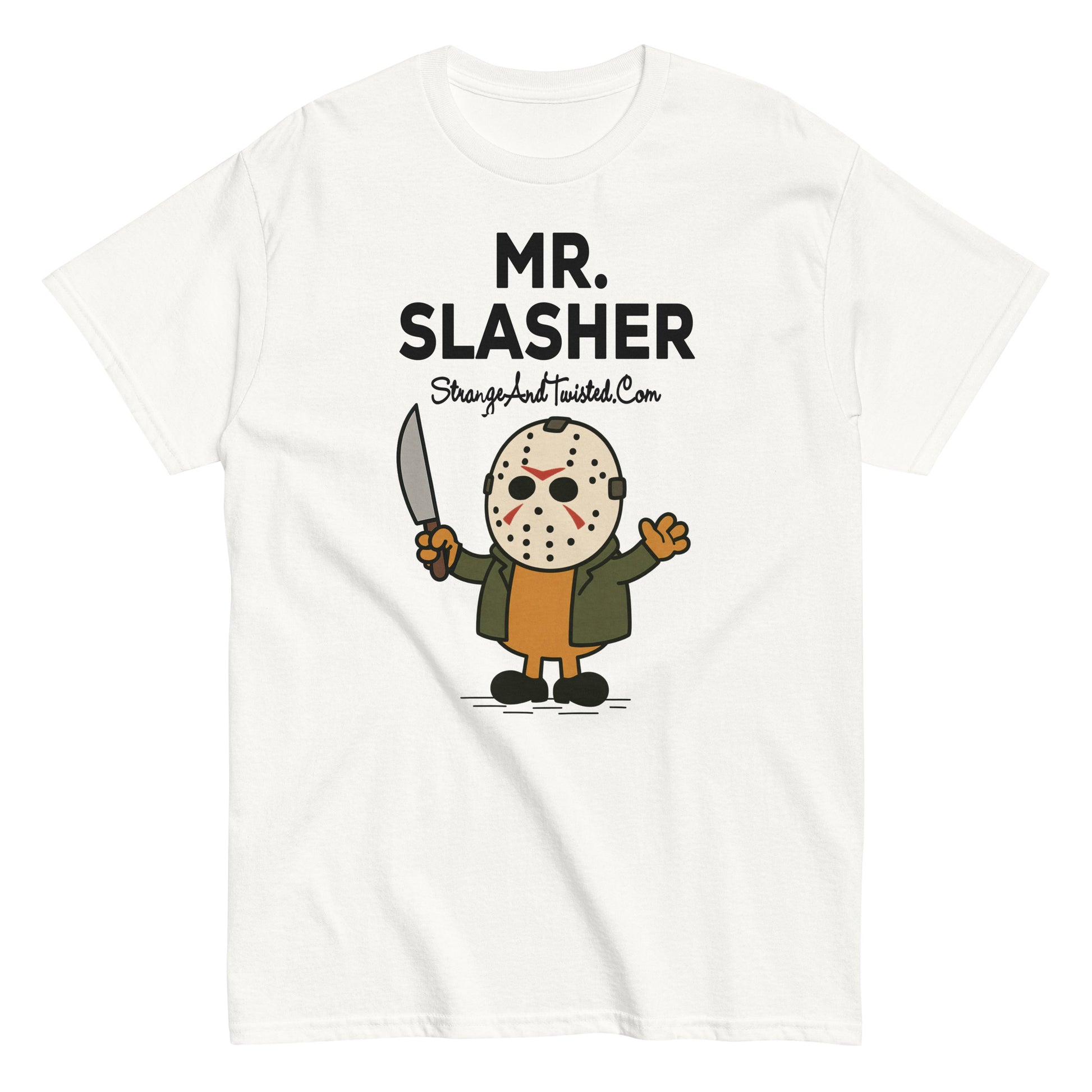 White parody T-shirt featuring cartoon character “Mr. Slasher”, funny horror parody tee for Halloween fans