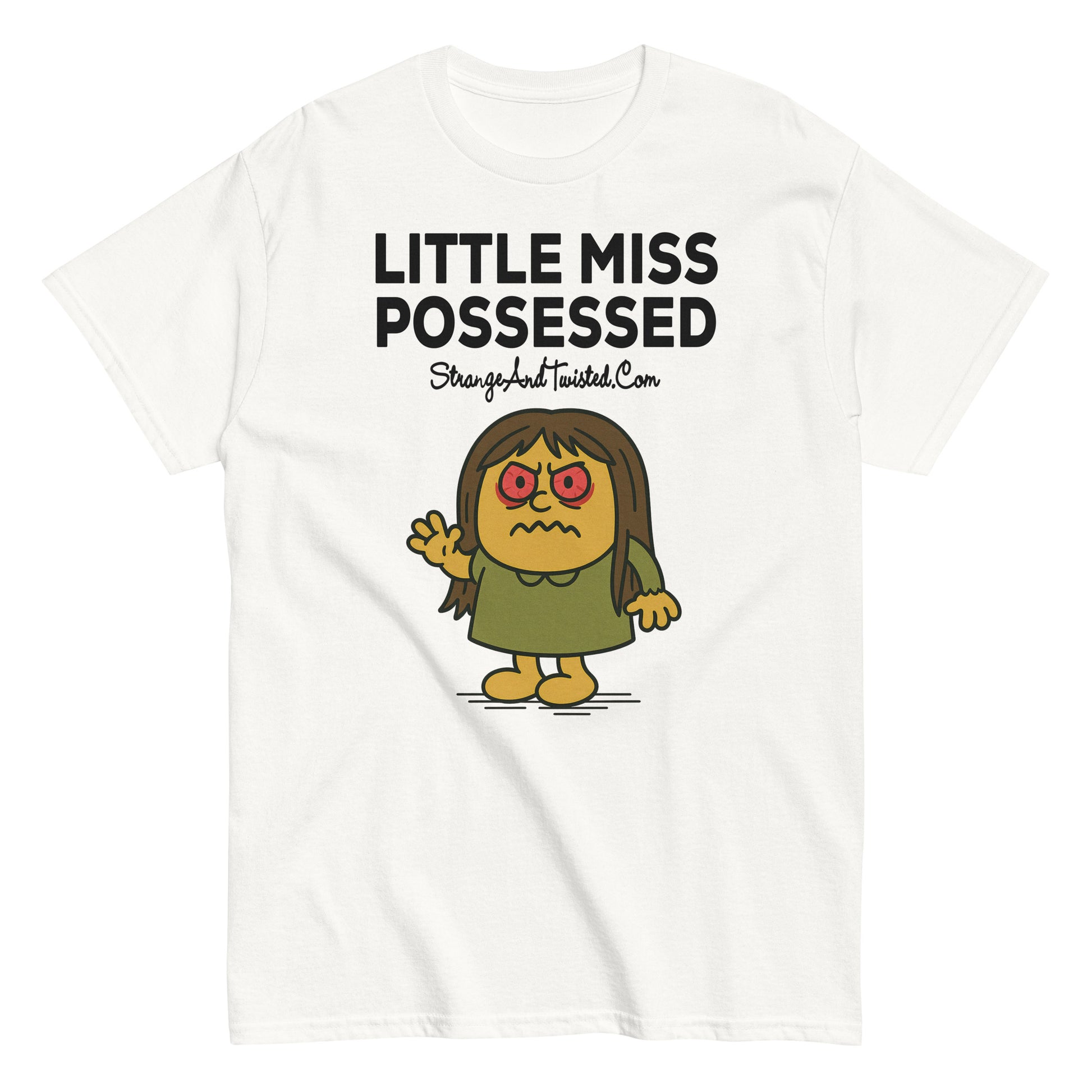 White parody T-shirt featuring cartoon character “Little Miss Possessed” with creepy horror-inspired design, funny spooky parody tee for women