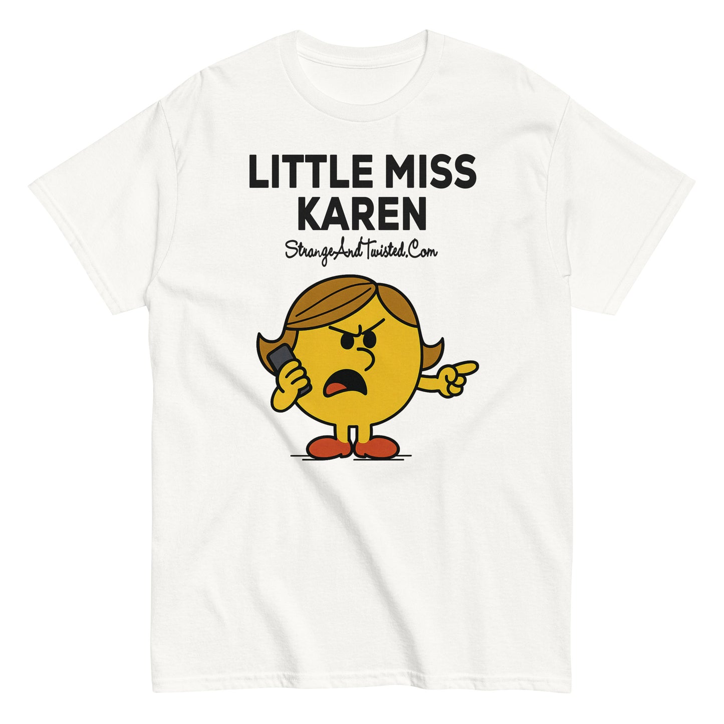 White parody T-shirt featuring cartoon character “Little Miss Karen” with angry expression, funny alternative humor design